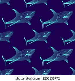 Marine graphic seamless pattern with animal. Vector illustration. The shark consist of lines. Digital design  for wallpaper, packaging, textile, printing,  web.