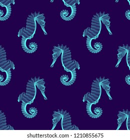 Marine graphic seamless pattern with animal. Vector illustration. The sea horse consist of lines. Digital design  for wallpaper, packaging, textile, printing,  web.