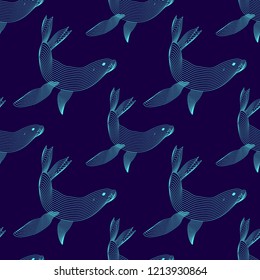 Marine graphic seamless pattern with animal. Vector illustration. The seal consist of lines. Digital design  for wallpaper, packaging, textile, printing,  web.