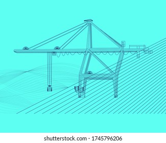 Meeresgrafik. Vector-Abbildung. Container Krane bestehen aus Linien. Digitales Element Design für Visitenkarten, Einladungen, Geschenkkarten, Flyer und Broschüren, Web.