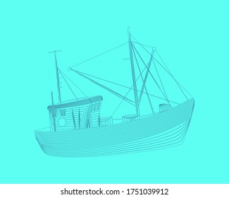 Marine graphic. Vector illustration. Fisherboat consist of lines. Digital element design  for business cards, invitations, gift cards, flyers and brochures, web.
