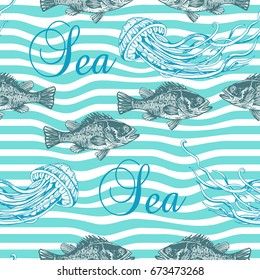 Marine graphics with fish. Hand drawing. Seamless for fabric design, gift wrapping paper and printing and web projects.