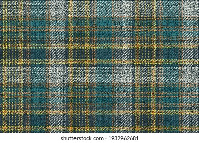 marine green and white main color gingham checkered seamless texture of old ragged grungy fabric with yellow orange and gray threads for plaid, tablecloths, shirts, tartan, clothes, dresses, bedding