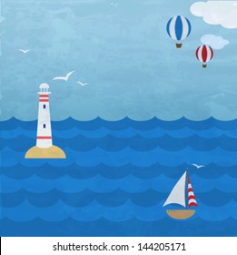 Marine grunge  backround with ship, lighthouse and balloons