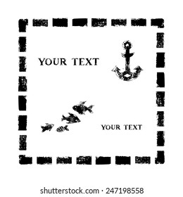 Marine grunge illustration of anchor and fishes in a striped frame in black and white, vector