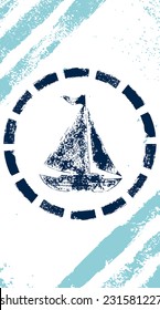 Marine grunge illustration of boat in a frame in blue and white, vertical business card, vector
