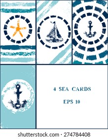 Marine grunge sponge print style illustrations of a boat, an anchor, a starfish in a frame in blue and white, vertical business cards or banners, vector