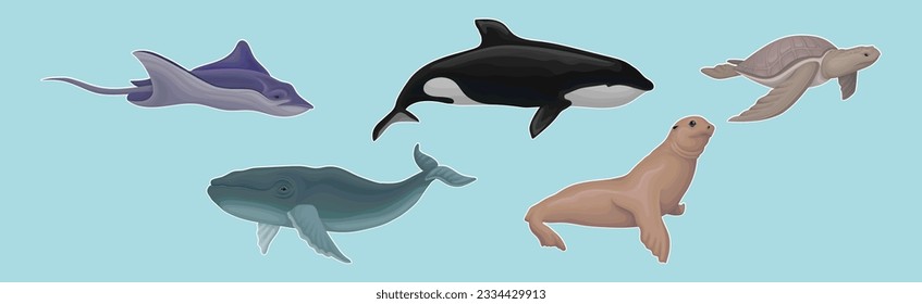 Marine Habitant with Ray, Whale, Turtle and Fur Seal Vector Set