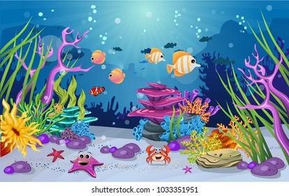 marine habitats and the beauty of coral reefs. There are anemones and fish that are funny. algae and coral reefs are beautiful and colorful