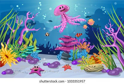 los hábitats marinos y la belleza de los arrecifes de coral. Hay anémonas, peces y medusas que son graciosas. algas y arrecifes de coral son hermosos y coloridos