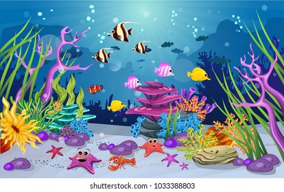 marine habitats and the beauty of coral reefs. There are anemones, fish and that are funny.  marine habitats beautiful and colorful