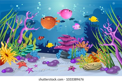 marine habitats and the beauty of coral reefs. There are anemones, fish and puffer fish that are funny. algae and coral reefs are beautiful and colorful