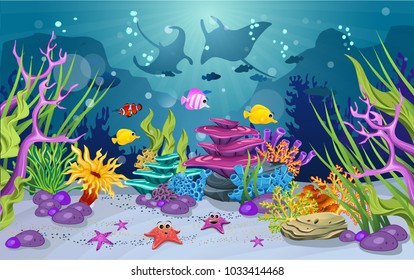 marine habitats and the beauty of coral reefs. There are anemones and cute fish. there is a stingray silhouette