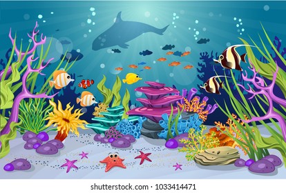 marine habitats and the beauty of coral reefs. There are anemones and fish that are funny. there is a whale silhouette