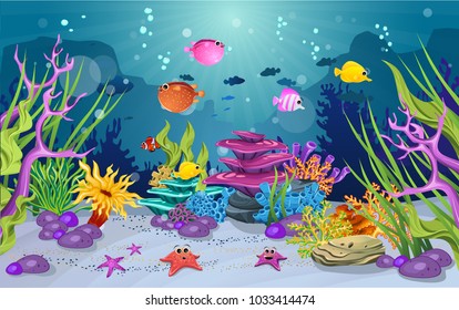 marine habitats and the beauty of coral reefs. There are anemones, fish and puffer fish that are funny. algae and coral reefs are beautiful and colorful