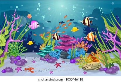 marine habitats and the beauty of coral reefs. There are anemones and cute fish.