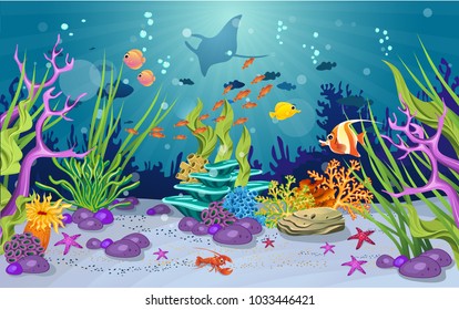 marine habitats and the beauty of coral reefs. There are anemones and cute fish. there is a stingray silhouette