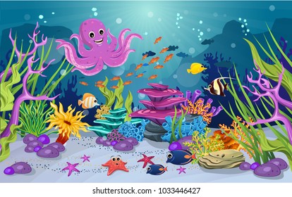 marine habitats and the beauty of coral reefs. There are anemones, fish and octopus that are funny. 