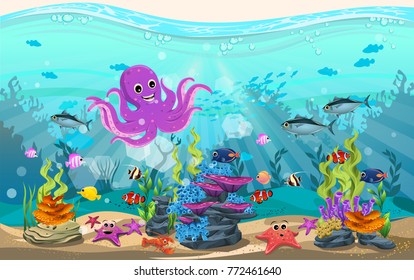 marine habitats and the beauty of coral reefs. there are anemones, fish and octopus funny.