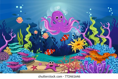 marine habitats and the beauty of coral reefs. there are anemones, fish and octopus funny. algae and coral reefs are beautiful and colorful