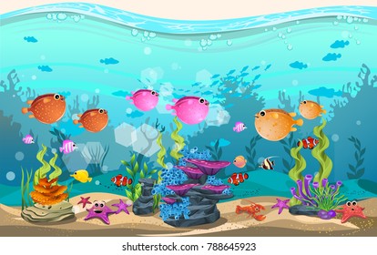 marine habitats and the beauty of coral reefs. there are anemones, fish, puffer fish and octopus funny.