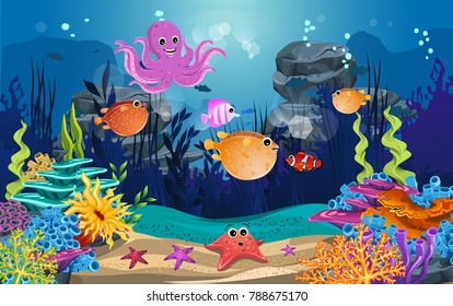 marine habitats and the beauty of coral reefs. there are anemones, fish, puffer fish and octopus funny.