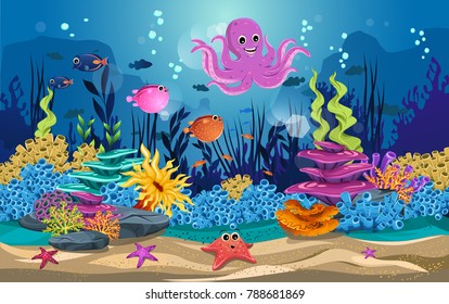 marine habitats and the beauty of coral reefs. there are anemones, fish, puffer fish and octopus funny.