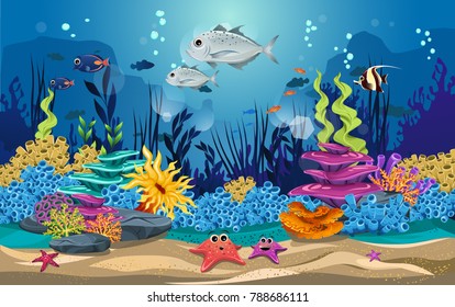marine habitats and the beauty of coral reefs. there are anemones, fish, puffer fish and octopus so funny.