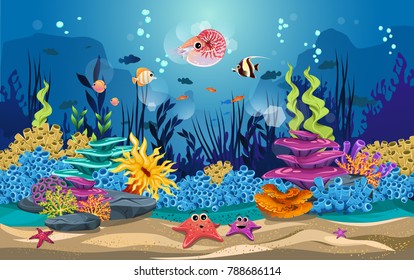 marine habitats and the beauty of coral reefs. there are anemones, fish, puffer fish and octopus so funny.