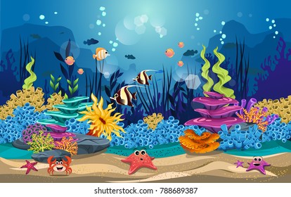 marine habitats and the beauty of coral reefs. there are anemones and fish so funny.