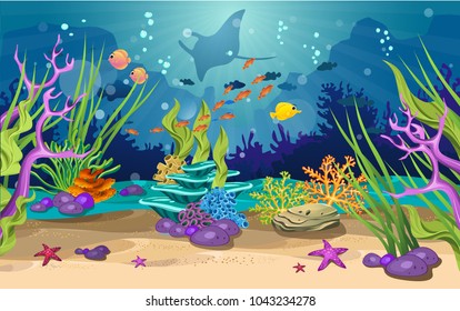 marine habitats and the beauty of coral. There are anemones, fish and reefs.