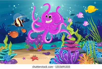 marine habitats and the beauty of coral. There are fish coral reef and giant octopus.