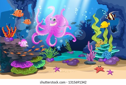 marine habitats and the beauty of coral. There are fish coral reef and giant octopus.