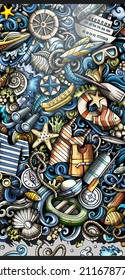 Marine hand drawn doodle banner. Cartoon vector detailed flyer. Illustration with nautical objects and symbols. Colorful horizontal background