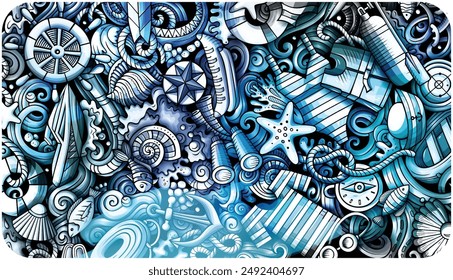 Marine hand drawn doodle banner. Cartoon watercolor illustration. Color vector design elements background