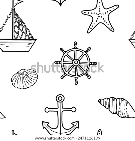 Marine Hand drawn Seamless Pattern with cute Ship, Boat, Nautical Anchor and Steering Wheel. Sea shells and sea star. Vector illustration, line art. For fabric, wallpaper and marine beach design.