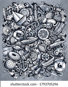 Marine hand drawn vector doodles illustration. Summer elements and objects cartoon background. Monochrome funny picture. All items are separated