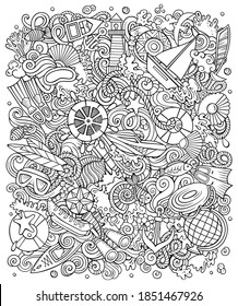 Marine hand drawn vector doodles illustration. Summer elements and objects cartoon background. Sketchy funny picture. All items are separated