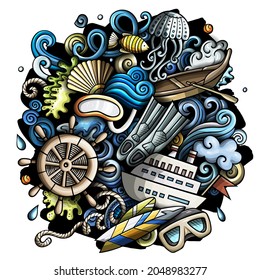 Marine hand drawn vector doodles illustration. Summer elements and objects cartoon background. Color funny picture. All items are separated