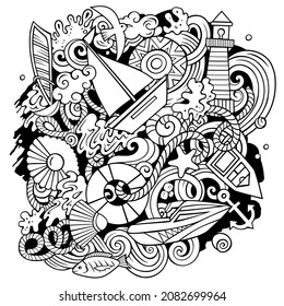 Marine hand drawn vector doodles illustration. Summer elements and objects cartoon background. All items are separated