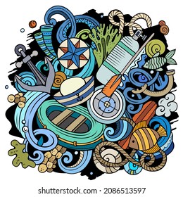 Marine hand drawn vector doodles illustration. Summer elements and objects cartoon background. Color funny picture. All items are separated