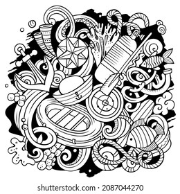 Ilustración de doodles vectoriales dibujados a mano marina. Fondo de dibujos animados de elementos y objetos de verano. Todos los elementos están separados