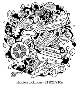 Marine hand drawn vector doodles illustration. Summer elements and objects cartoon background. All items are separated