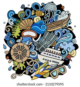 Marine hand drawn vector doodles illustration. Summer elements and objects cartoon background. Color funny picture. All items are separated