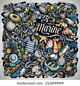 Marine hand drawn vector doodles illustration. Summer elements and objects cartoon background. Color funny picture. All items are separated