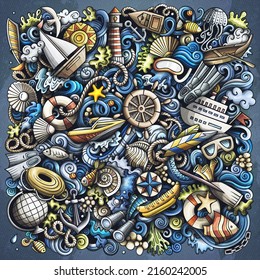 Marine hand drawn vector doodles illustration. Summer elements and objects cartoon background. Color funny picture. All items are separated