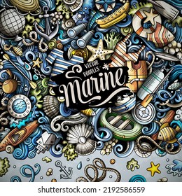 Marine hand drawn vector doodles frame. Summer elements and objects cartoon background. Color funny border. All items are separated