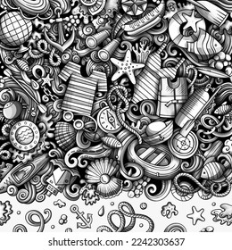 Marine hand drawn vector doodles frame. Summer elements and objects cartoon background. Monochrome funny border.