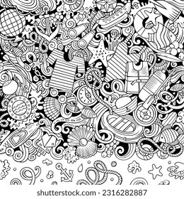 Marine hand drawn vector doodles frame. Summer elements and objects cartoon background. Sketchy funny border. All items are separated