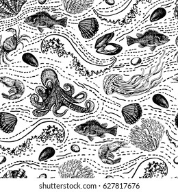Marine hand-drawn graphic pattern.  Hand drawing. Seamless for fabric design, gift wrapping paper and printing and web projects.